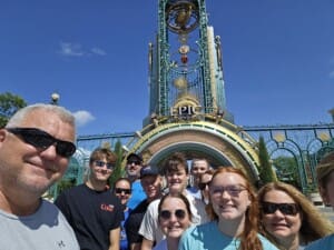 Epic Universe main entrance group selfie during our stay at Windsor at Westside Resort Orlando