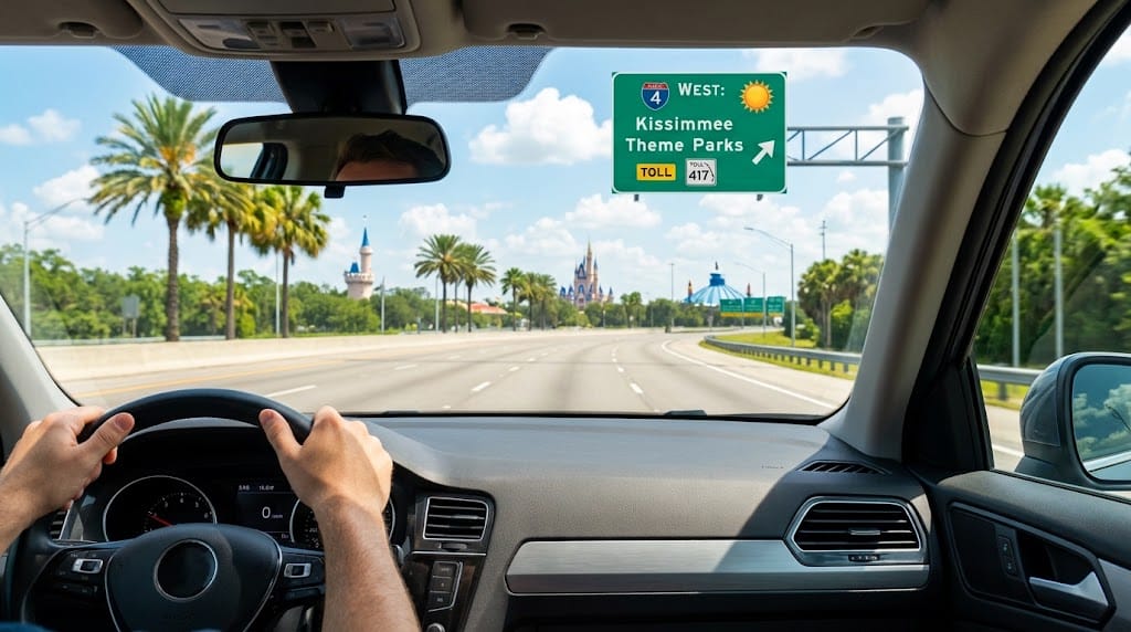 Behind-the-wheel view demonstrating driving in Orlando tips for UK drivers on a Florida highway.